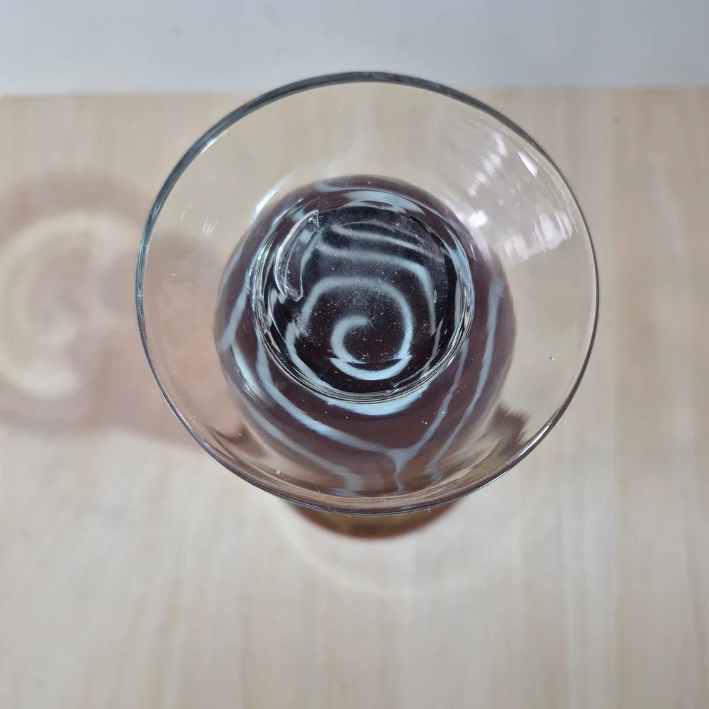 Vintage Amber Art Glass Vase White‎ Swirl Pulled Feather Trumpet Vase 9.5 inch